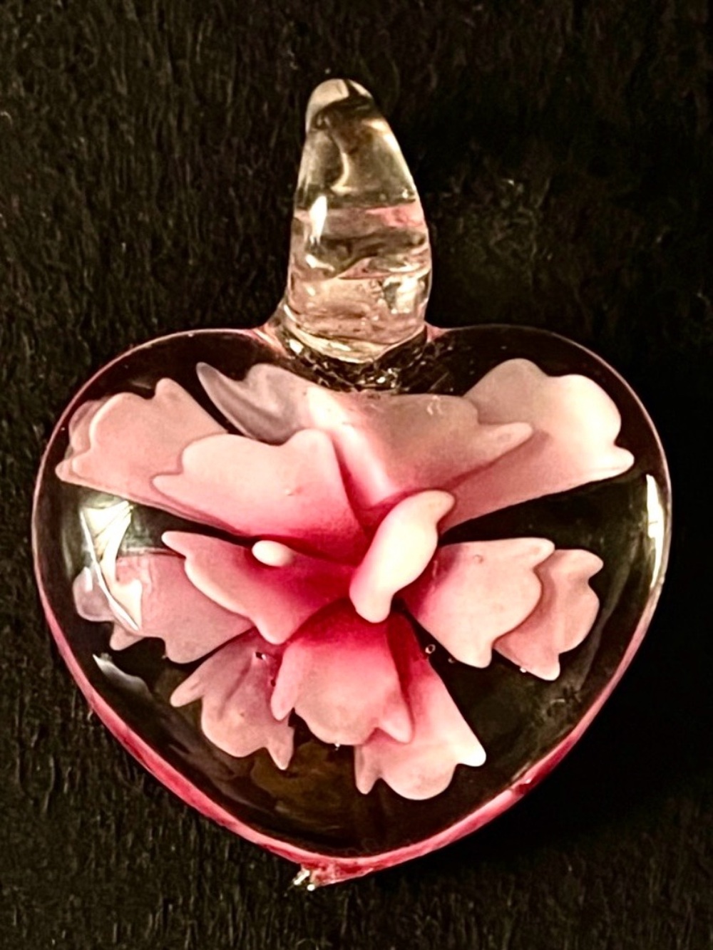 Murano Style Lampwork Glass Heart Pendant Pink 3D Flower Necklace Vintage Boho